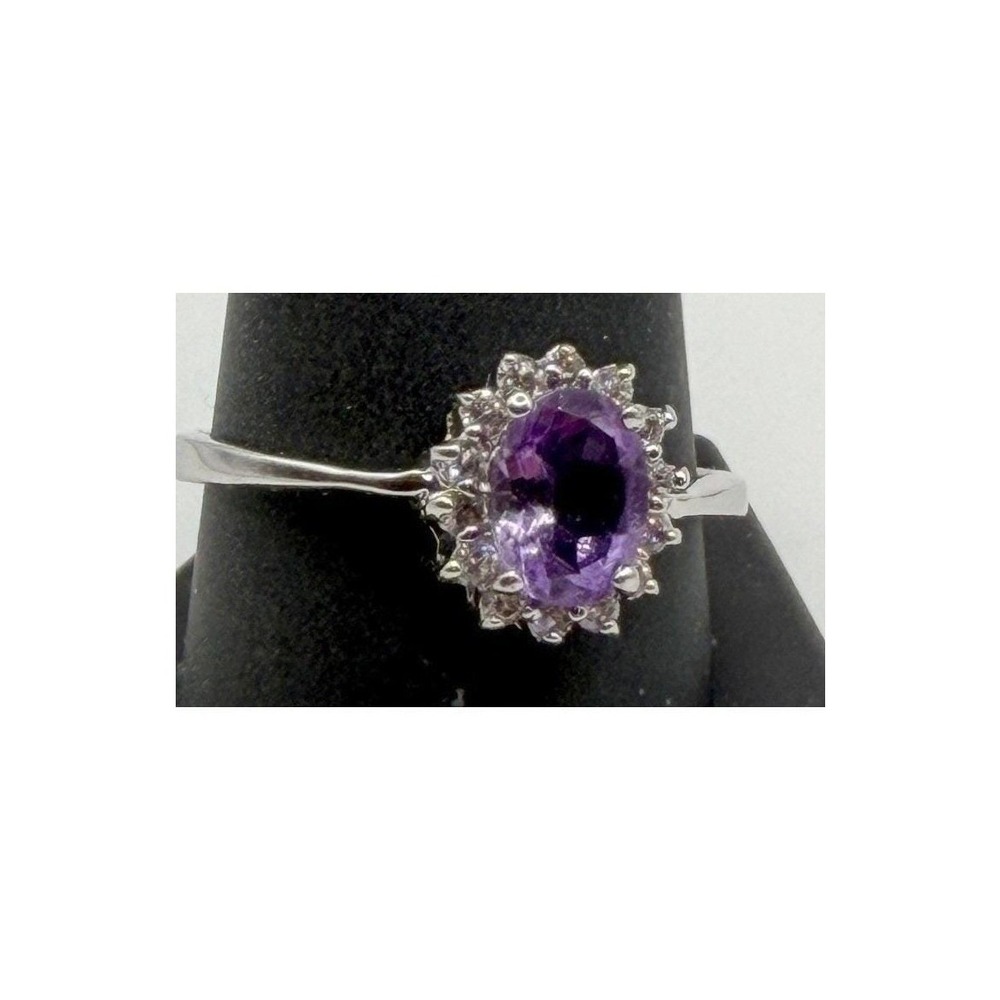 Amethyst (tested) Halo Ring Silver Tone February Birthstone Size 10.75 VIDEO